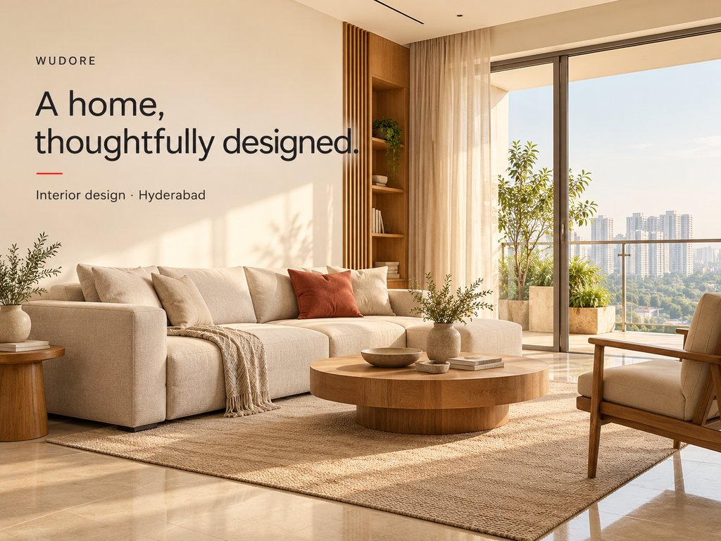 Illustrative concept of a warm apartment living room with natural wood, a linen sofa and balcony windows